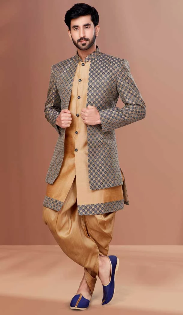 Chiku And Multi Color Soft Jacquard Dhupion Wedding Wear Men's Indo-Western -5504162519
