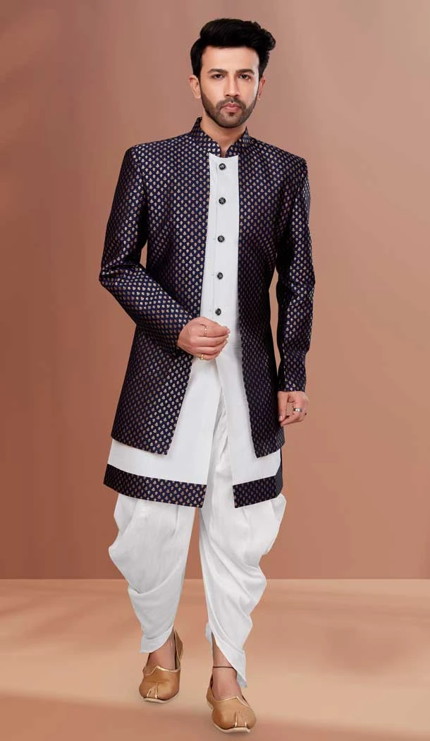 White And Blue Color Soft Jacquard Dupion Wedding Wear Mens Indo-Western -5504162520