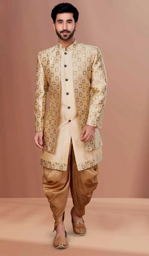 Cream And Gold Color Jacquard Dupion Wedding Wear Mens Indo-Western -5504162523
