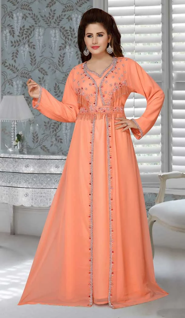 Peach Color Fox Georgette Embroidered Work Party Wear Designer Kaftan -5526162714
