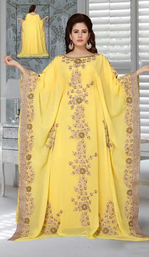 Yellow Color Fox Georgette Embroidered Work Party Wear Designer Kaftan -5526162717