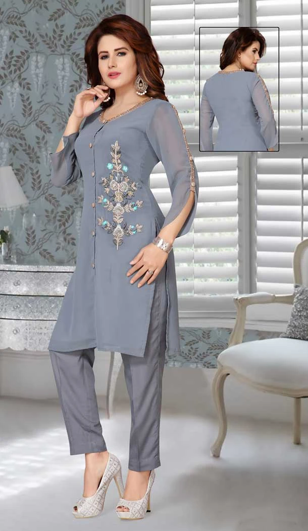 Grey Color Fox Georgette Embroidered Work Party Wear Designer Dresses -5527162728