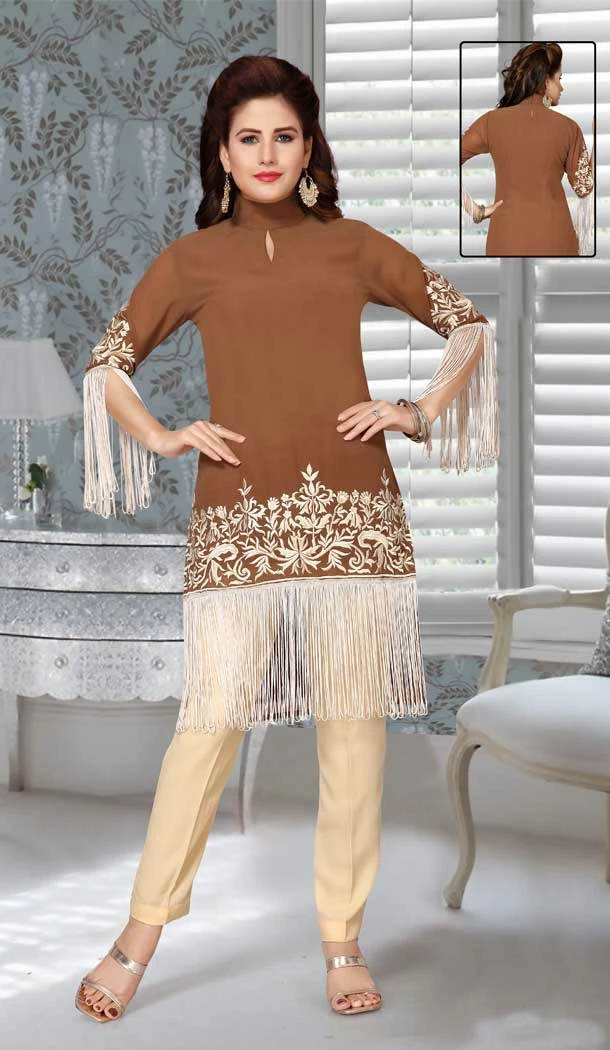 Brown Color Fox Georgette Embroidered Work Party Wear Designer Dresses -5527162731