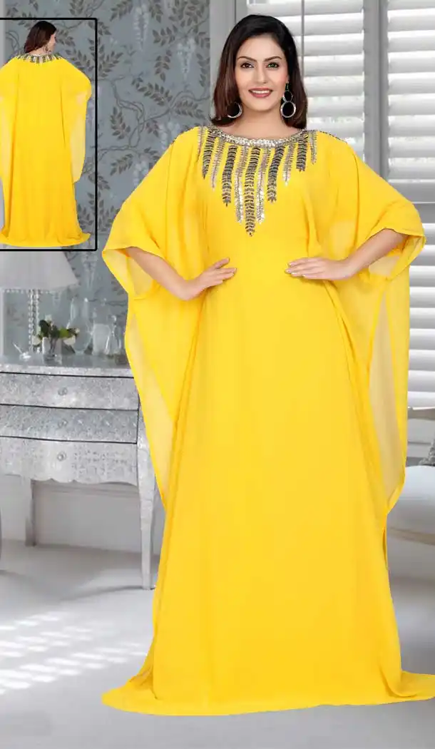 Yellow Color Fox Georgette Embroidered Work Party Wear Designer Kaftan -5527162745