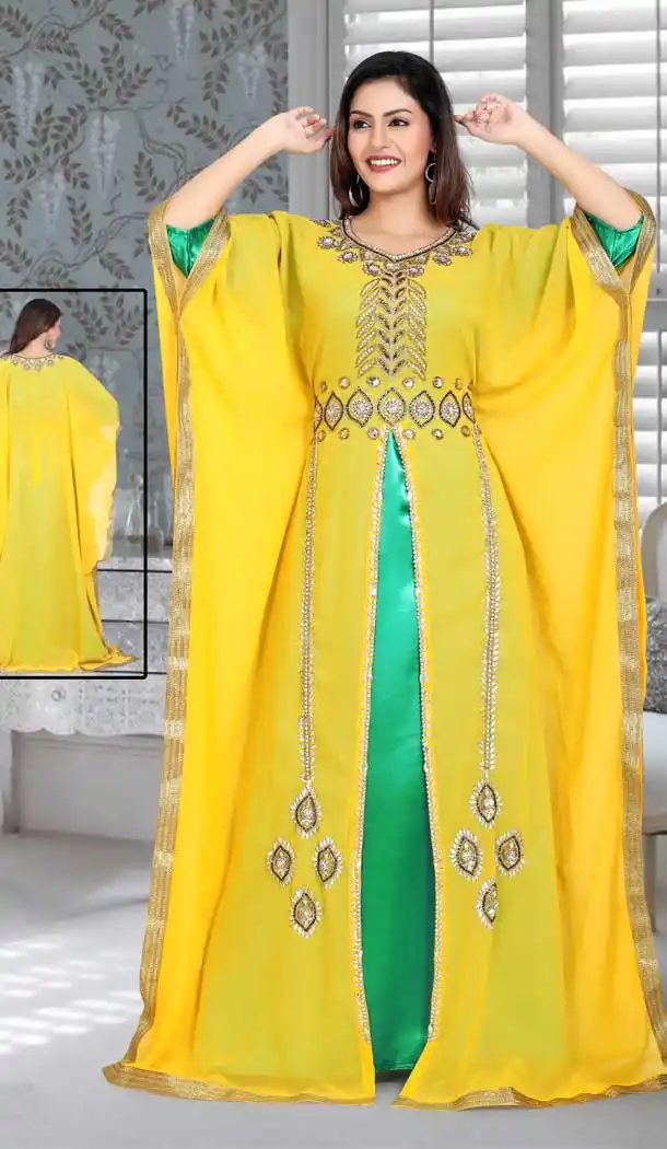 Fox Georgette Yellow Color Embroidered Work Party Wear Designer Kaftan -5527162747