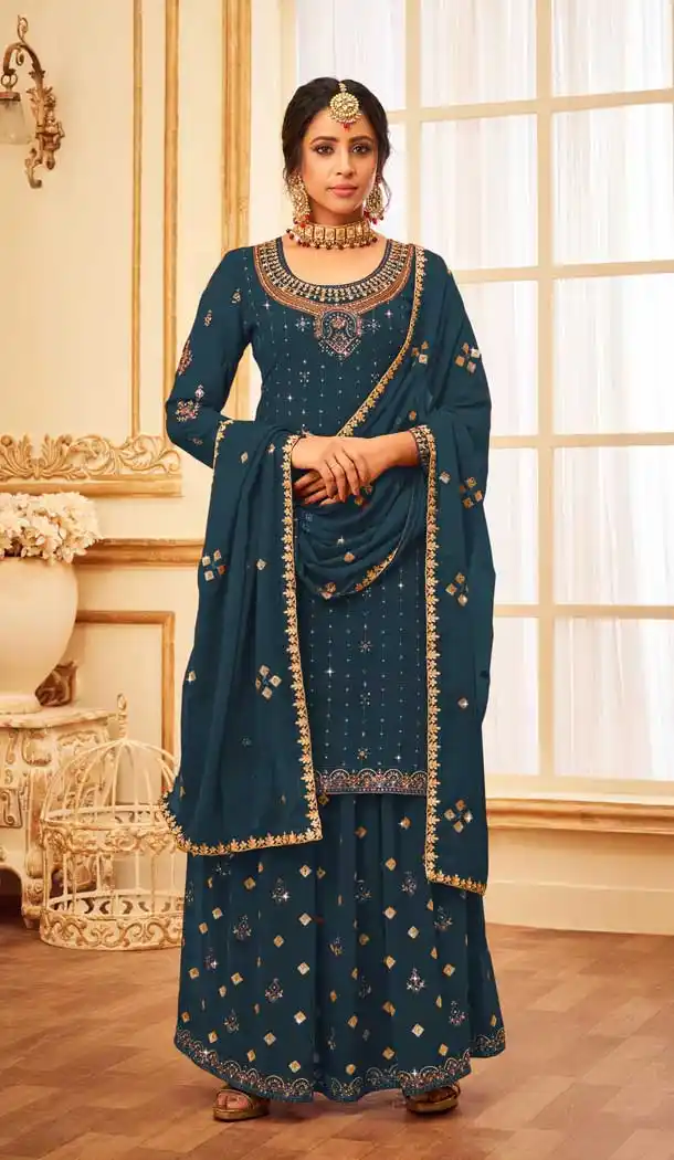 Festival Wear Teal Color Fox Georgette Stone And Zari Work Palazzo Salwar Suit -5532162825