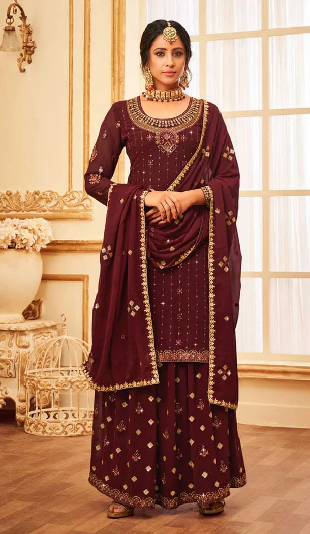 Festival Wear Maroon Color Fox Georgette Stone And Zari Work Palazzo Salwar Suit -5532162826