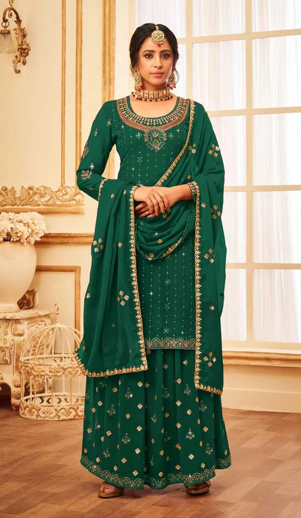 Festival Wear Green Color Fox Georgette Stone And Zari Work Palazzo Salwar Suit -5532162827
