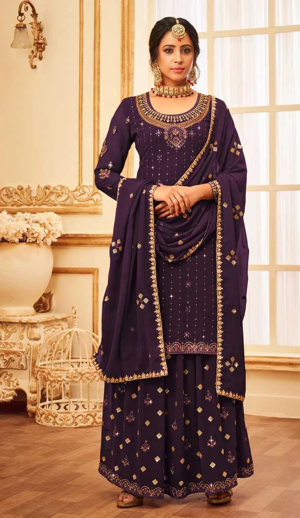 Festival Wear Wine Color Fox Georgette Stone And Zari Work Palazzo Salwar Suit -5532162828