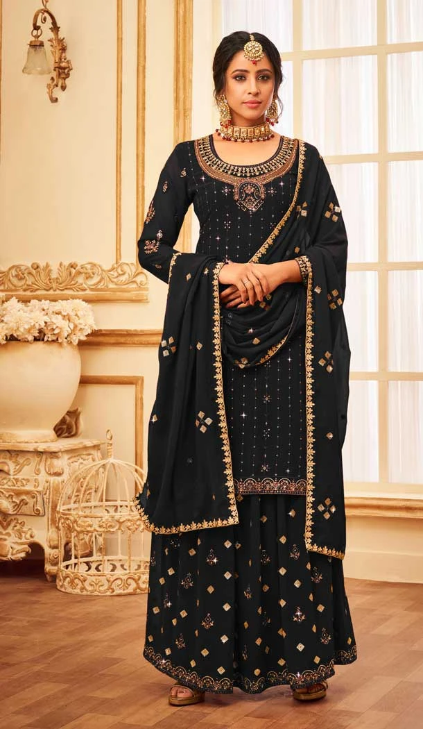 Festival Wear Black Color Fox Georgette Stone And Zari Work Palazzo Salwar Suit -5532162829