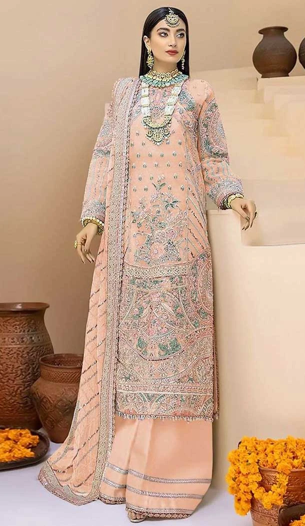 Festival Wear Peach Color Fox Georgette Embroidered Work Pakistani Palazzo Suit -5533162831