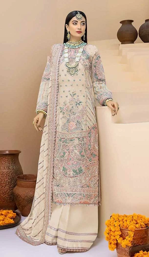 Festival Wear Beige Color Fox Georgette Embroidered Work Pakistani Palazzo Suit -5533162833