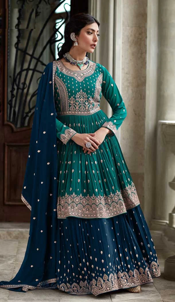Aqua Blue Color Georgette Sequins And Resham Work Wedding Wear Salwar Suit -5534162836