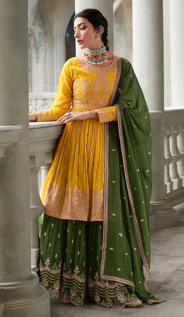 Yellow Color Georgette Sequins And Resham Work Wedding Wear Salwar Suit -5534162838