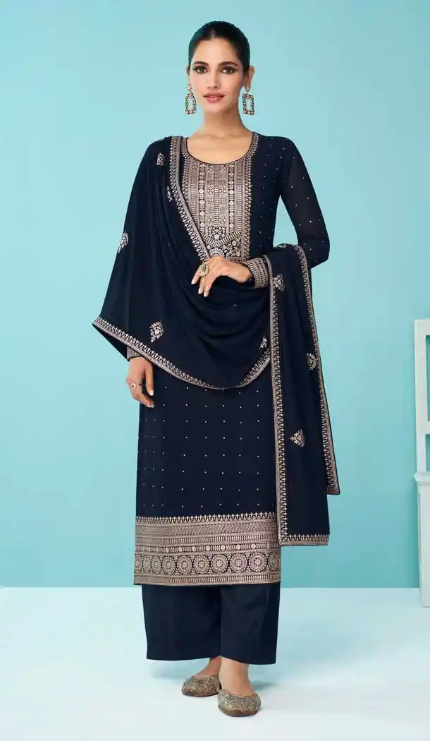 Navy Blue Color Fox Georgette Stone Work Pakistani Style Palazzo Salwar Kameez -5535162839