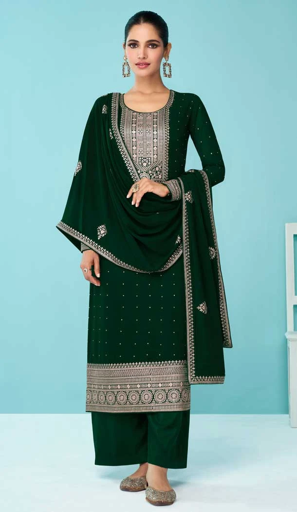Green Color Fox Georgette Stone Work Pakistani Style Palazzo Salwar Kameez -5535162841