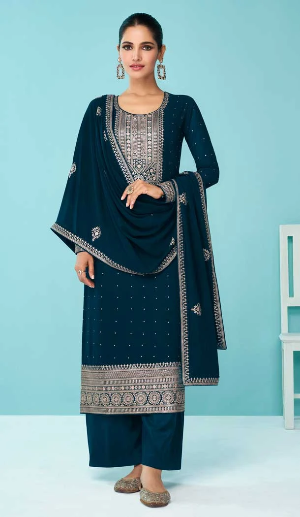 Teal Blue Color Fox Georgette Stone Work Pakistani Style Palazzo Salwar Kameez -5535162843