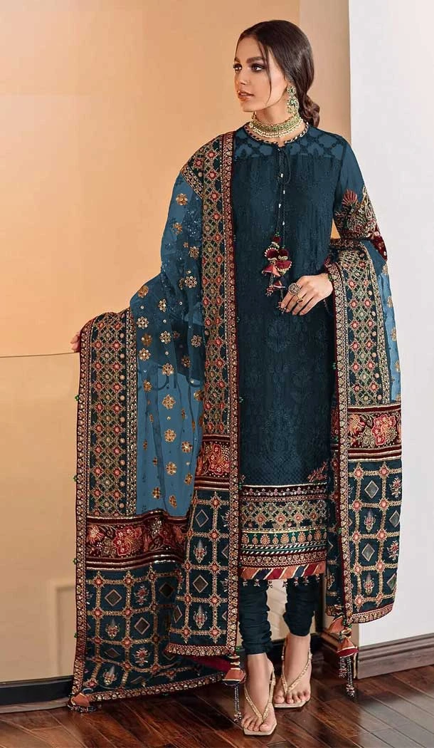 Rama Color Fox Georgette Embroidery Work Pakistani Style Salwar Kameez -5536162845