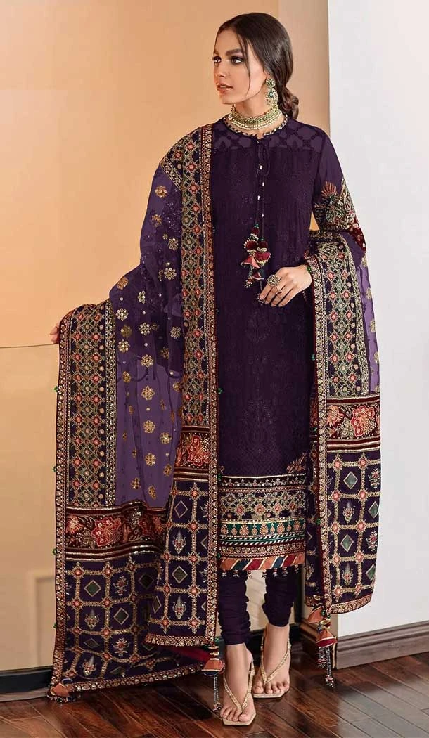 Purple Color Fox Georgette Embroidery Work Pakistani Style Salwar Kameez -5536162846