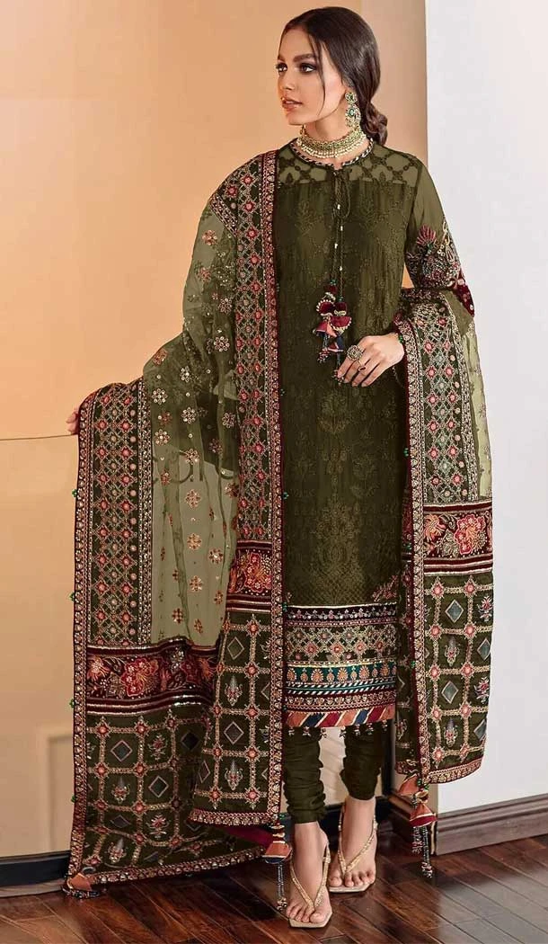 Mehendi Green Color Fox Georgette Embroidery Work Pakistani Style Salwar Kameez -5536162849