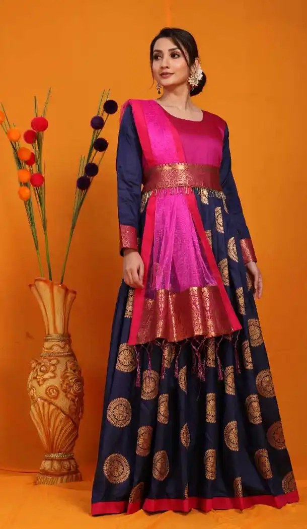 Navy Blue Color Pure Silk Weaving Work Traditional Wear Readymade Gown -5538162854