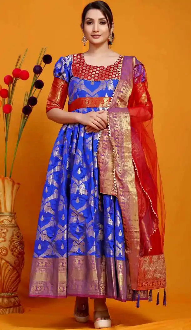 Royal Blue Color Pure Silk Weaving Work Traditional Wear Readymade Gown -5538162856
