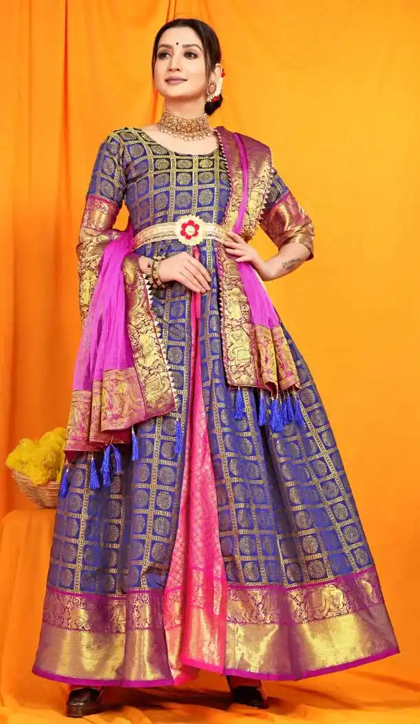 Pure Silk Navy Blue Color Weaving Work Traditional Wear Readymade Gown -5538162858