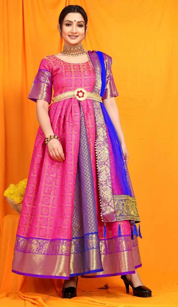 Pink Color Pure Silk Weaving Work Traditional Wear Readymade Gown -5538162859
