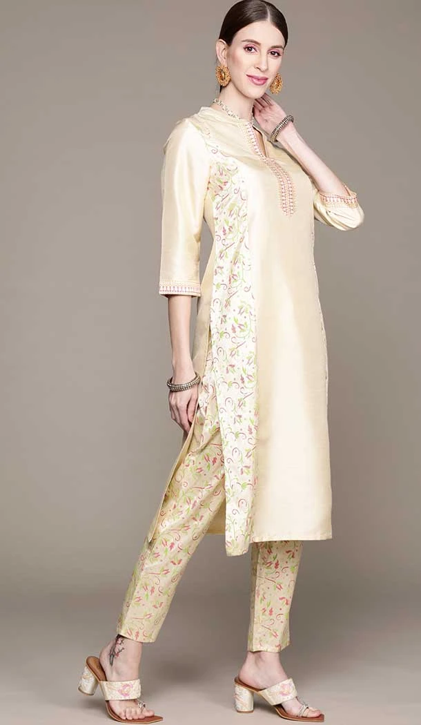 Cream Color Chinon Floral Print Casual Wear Readymade Kurta With Bottom -5541162884