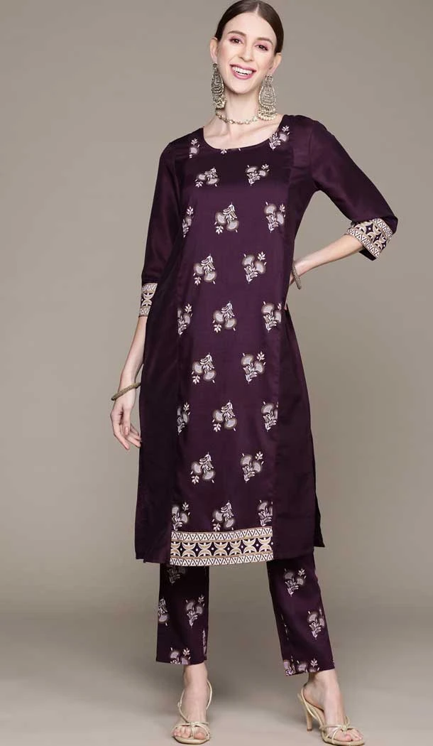 Wine Color Chinon Floral Print Casual Wear Readymade Kurta With Bottom -5541162885