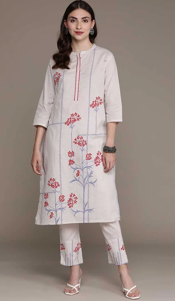 Off White Color Cotton Floral Print Work Casual Wear Readymade Kurta -5542162894