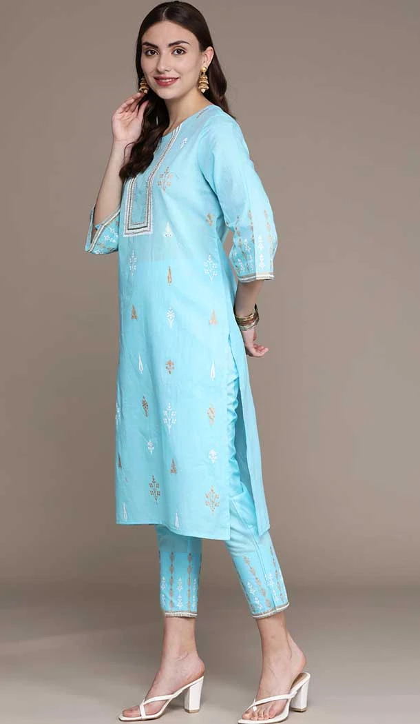 Sky Blue Color Cotton Foil And Floral Print Work Casual Wear Readymade Kurta -5542162896