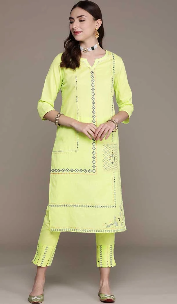 Light Green Color Cotton Foil And Floral Print Work Casual Wear Readymade Kurta -5542162897