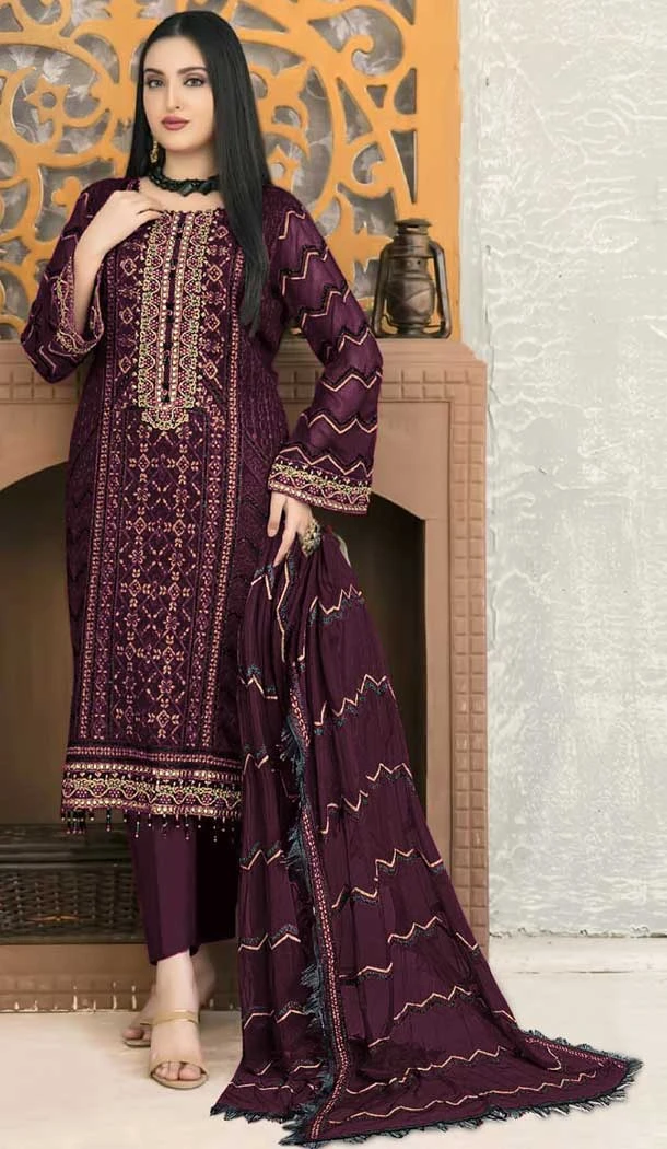 Wine Color Fox Georgette Resham And Zari Work Pakistani Style Salwar Kameez -5545162923