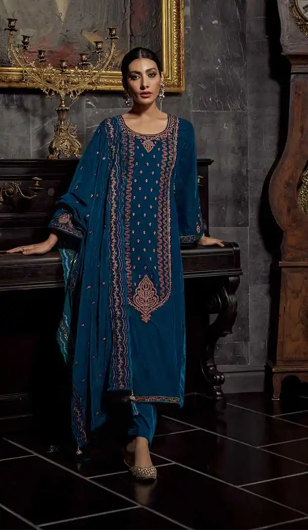 Rama Color Velvet Embroidery And Zari Work Festival Wear Salwar Kameez -5546162924