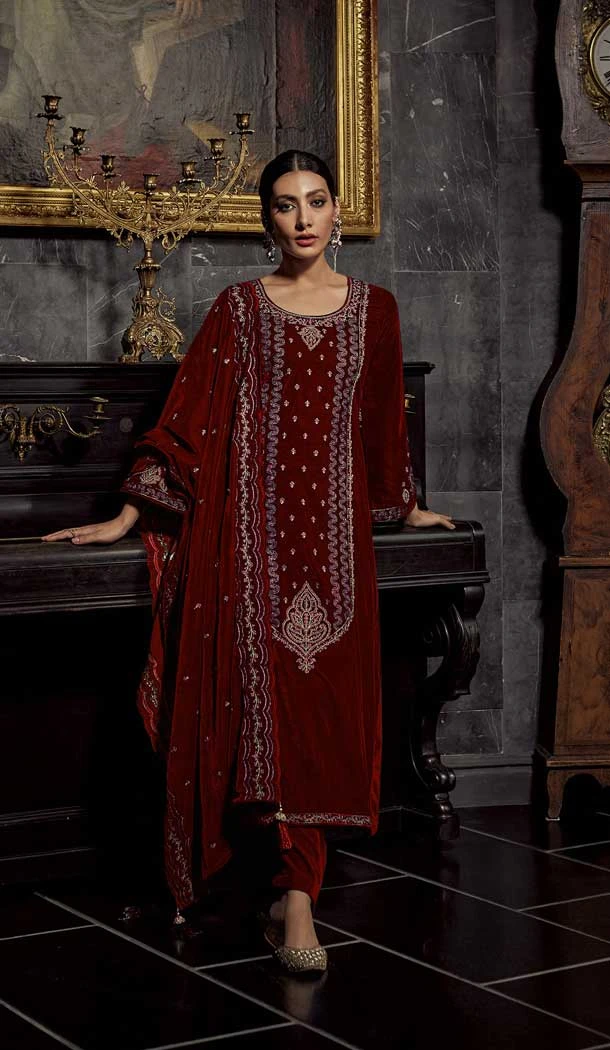 Maroon Color Velvet Embroidery And Zari Work Festival Wear Salwar Kameez -5546162925