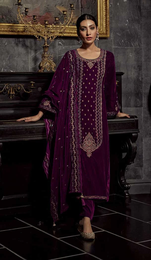 Purple Color Velvet Embroidery And Zari Work Festival Wear Salwar Kameez -5546162926
