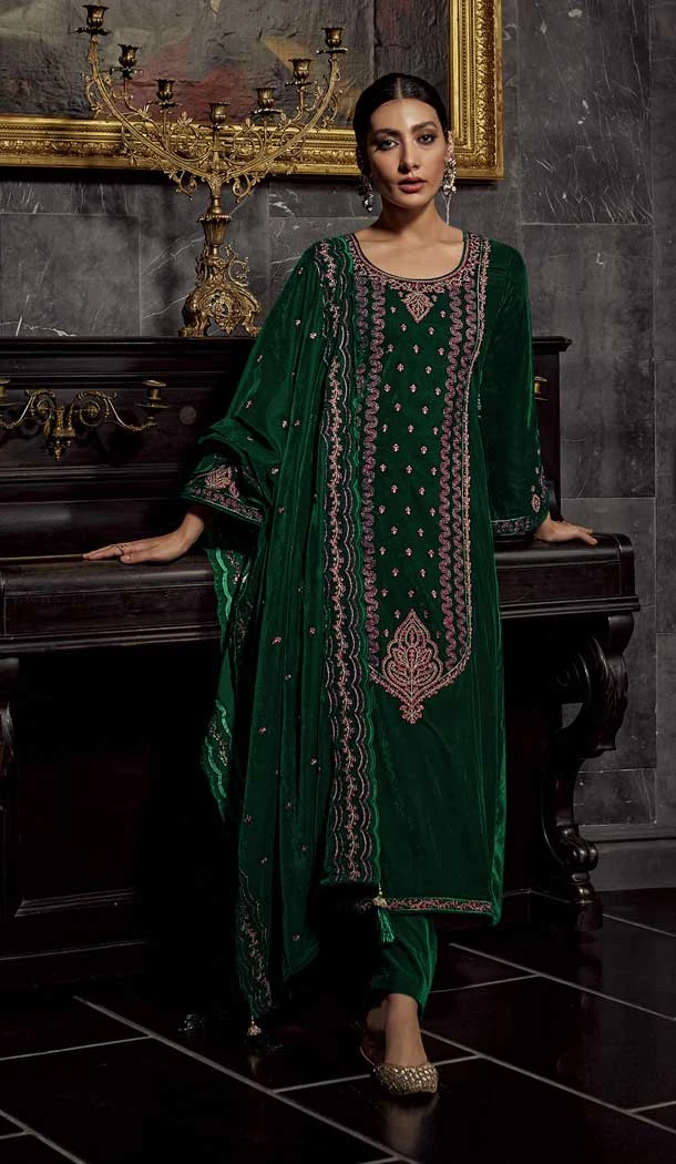 Green Color Velvet Embroidery And Zari Work Festival Wear Salwar Kameez -5546162927