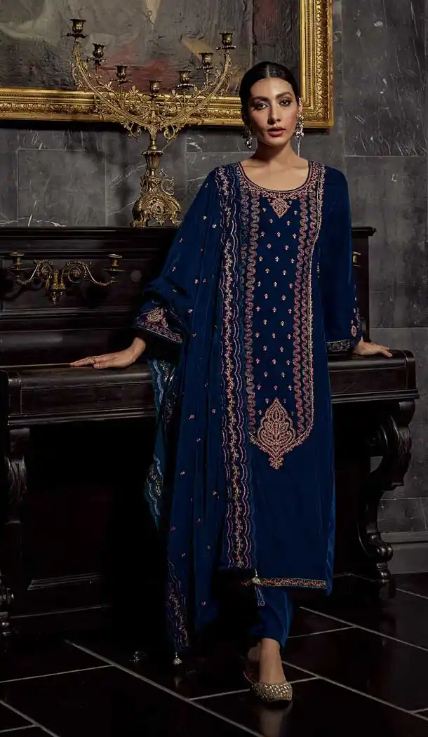 Navy Blue Color Velvet Embroidery And Zari Work Festival Wear Salwar Kameez -5546162928