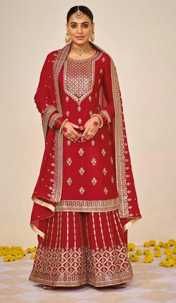 Red Color Fox Georgette Sequins Work Party Wear Palazzo Salwar Suit -5564163023