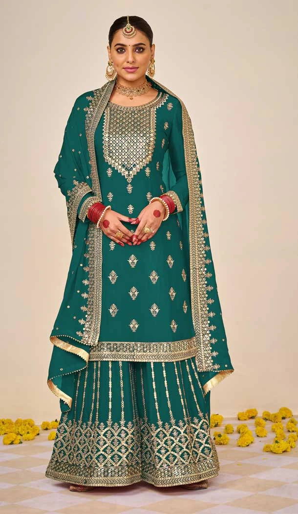 Sea Blue Color Fox Georgette Sequins Work Party Wear Palazzo Salwar Suit -5564163024