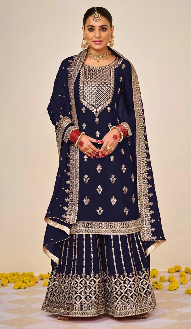 Navy Blue Color Fox Georgette Sequins Work Party Wear Palazzo Salwar Suit -5564163025