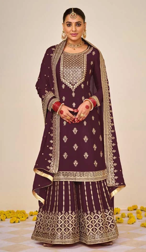 Wine Color Fox Georgette Sequins Work Party Wear Palazzo Salwar Suit -5564163026
