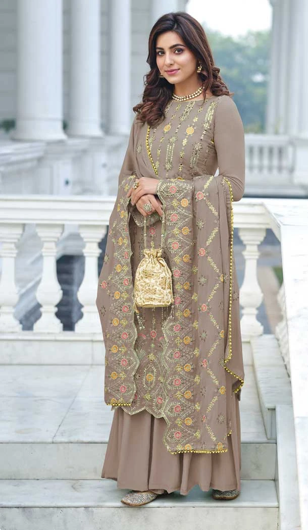 Pakistani Style Beige Color Fox Georgette Sequins Wok Party Wear Salwar Kameez -5565163029