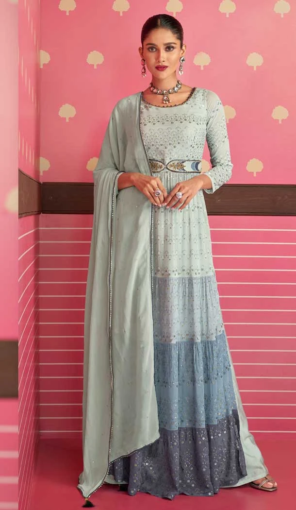 Grey Color Fox Georgette Sequins And Zari Work Party Wear Salwar Suit -5566163031