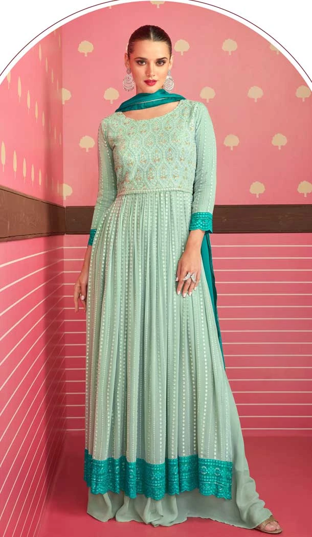 Sky Color Fox Georgette Sequins And Zari Work Party Wear Salwar Suit -5566163033