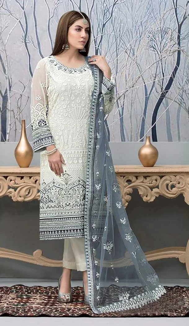 White And Grey Color Fox Georgette Embroidery Work Pakistani Salwar Kameez -5567163035