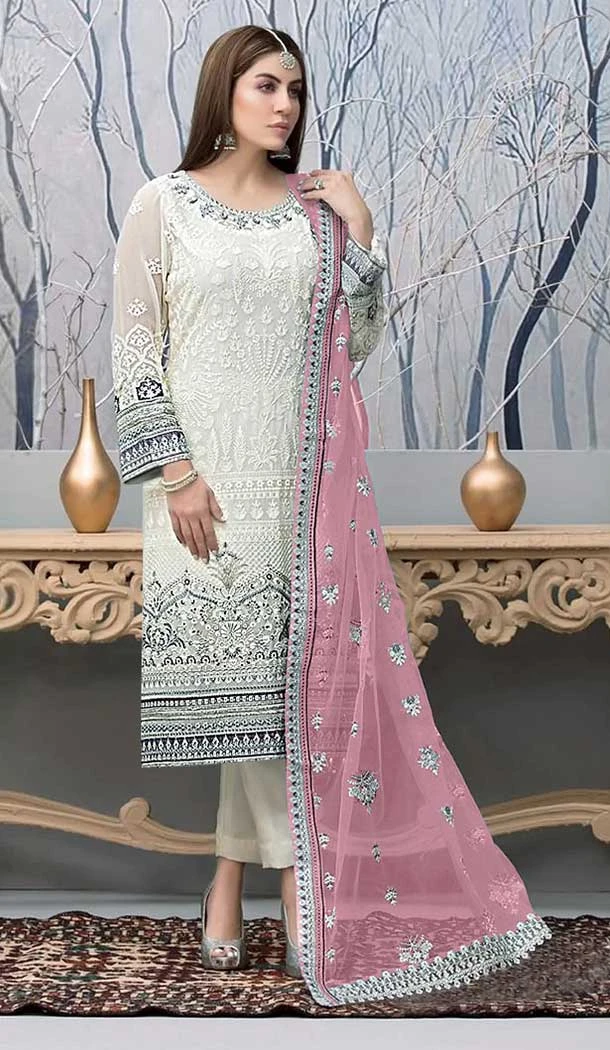 Fox Georgette White And Pink Color Embroidery Work Pakistani Salwar Kameez -5567163036