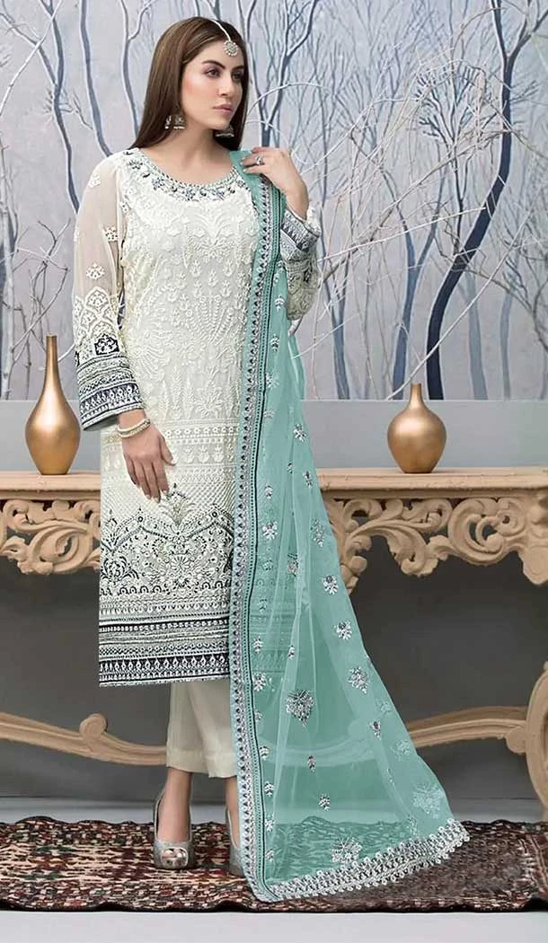Embroidery Work White And Sea Green Color Fox Georgette Pakistani Salwar Kameez -5567163037