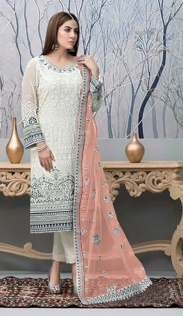 Pakistani Style White And Peach Color Fox Georgette Embroidery Work Salwar Kameez -5567163038